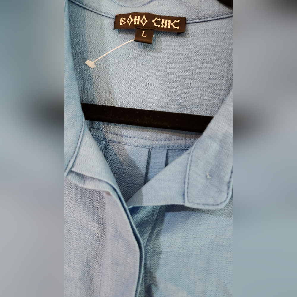 Women's Boho Chic Reverse Button-Down Blue Shirt,… - image 3